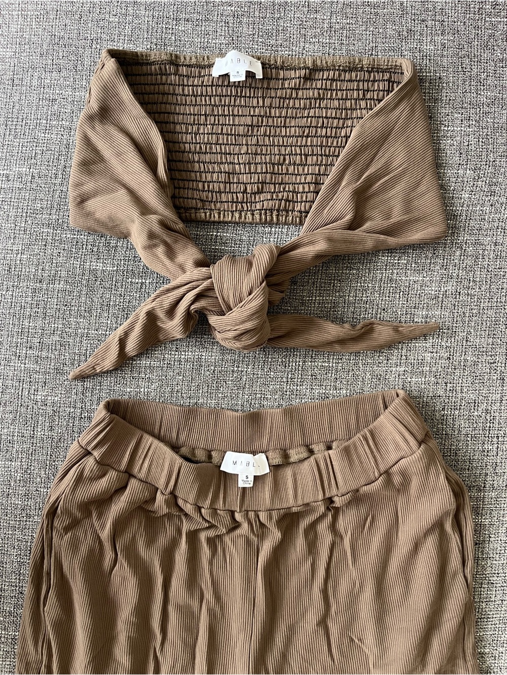 MABLE Ribbed Tie-Front Bandeau and High-Waisted Flowy Pants in Taupe